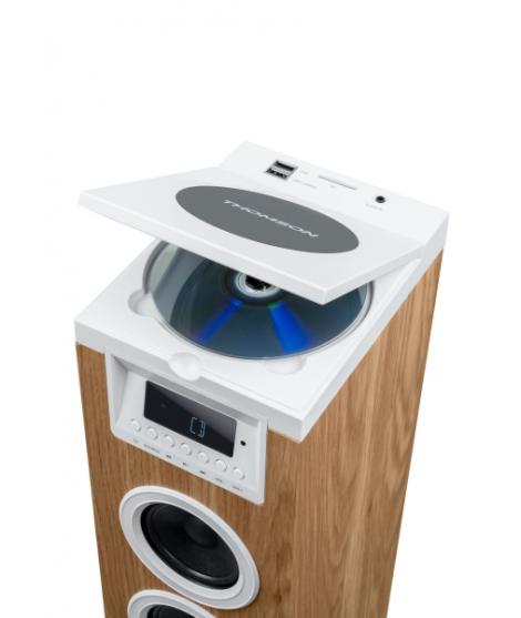 Thomson DS121CD Torre de Sonido Bluetooth 30W, Radio FM, USB, Reloj Digital, Diseño Madera/Blanco