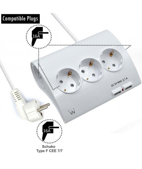 Ewent Regleta de Energia - 5 enchufes - Version Schuko - 16A - 2 Puertos USB - Cable de 1.5m - Color Blanco