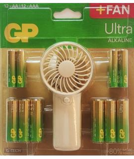 GP Ultra Alcalina Pack de 12 Pilas AAA + 12 Pilas AA + Ventilador de Mano de Regalo