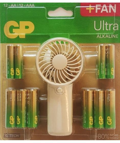 GP Ultra Alcalina Pack de 12 Pilas AAA + 12 Pilas AA + Ventilador de Mano de Regalo
