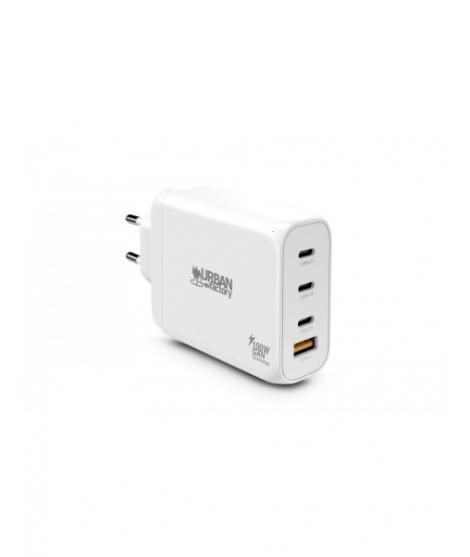 Urban Factory Powee Cargador USB-C GaN de 100W - 3 Puertos USB-C de 65W + 1 Puerto USB-A de 18W - Carga Rapida - Color Blanco