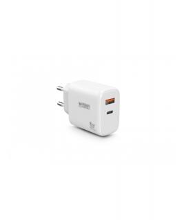Urban Factory Powee Cargador USB-C GaN de 65W - 1 Puerto USB-C de 45W + 1 Puerto USB-A de 18W - Carga Rapida - Color Blanco