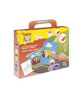 Jovi Play & Fun Kit Pinta con Arena Transport con 8 Botes de Arena + 1 Punzon + 3 Laminas con Diseños de Transportes - Colores S