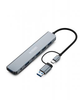 Urban Factory Minee HUB 6 en 1 - USB-A/C Macho - USB-A/C Hembra - Alimentacion Externa con Adaptador de Corriente - Color Gris M