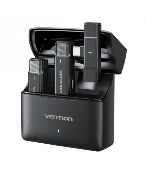 Vention Levalier Microfono Clip Inalambrico USB-C - Cancelacion de Ruido Avanzada - Bateria 30h - Rango 300m - Color Negro