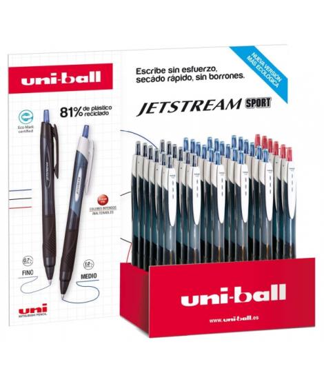 Uni-ball JetStream Sport SXN-150E Expositor con 36 Boligrafos de Tinta Pigmentada - Punta de Bola 1mm - Retractil - Secado Insta