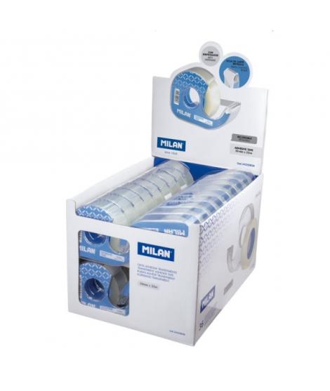 Milan Expositor de 36 Cintas Adhesivas Transparentes con Dispensador - Medidas 19mm x 33m - Color Transparente Brillante