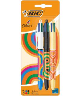 Bic 4 Colours Decors Pack de 3 Boligrafos de Bola Retractil - Punta Media de 1.0mm - Tinta con Base de Aceite - 4 Colores