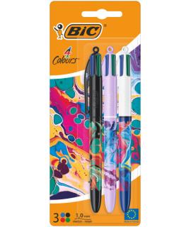 Bic 4 Colours Decors Hydro Pack de 3 Boligrafos de Bola Retractil - Punta Media de 1.0mm - Tinta con Base de Aceite - 4 Colores