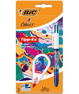 Bic 4 Colours Decors Hydro Pack de 1 Boligrafo de Bola Retractil + Corrector Pocket Mouse 5mmx6m - Punta Media de 1.0mm - Tinta 