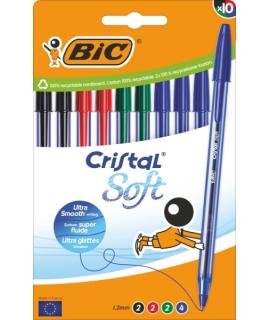 Bic Cristal Soft Pack de 10 Boligrafos de Bola - Punta Media de 1.2mm - Trazo 0.45mm - Escritura mas Fluida - Colores Surtidos