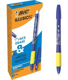 Bic Illusions Boligrafo Borrable - Punta Media de 0.7mm - Grip de Goma - Recargable - Color Azul