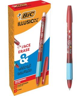 Bic Illusions Boligrafo Borrable - Punta Media de 0.7mm - Grip de Goma - Recargable - Color Rojo