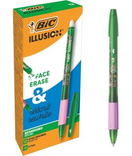 Bic Illusions Boligrafo Borrable - Punta Media de 0.7mm - Grip de Goma - Recargable - Color Verde