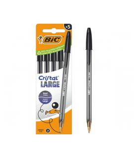 Bic Cristal Large Pack de 5 Boligrafos de Bola - Punta Redonda de 1.6mm - Trazo 0.6mm - Tinta con Base de Aceite - Color Negro