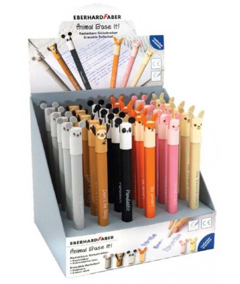 Eberhard Faber Animal Erase It! Expositor con 36 Boligrafos Borrables Tinta Gel Azul - Trazo 0.7mm - Capuchon con Formas de Anim