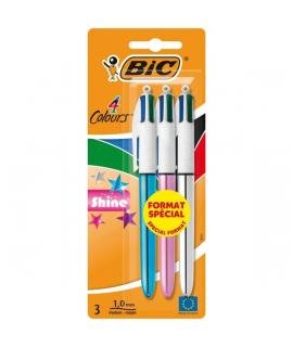 Bic 4 Colours Shine Pack de 3 Boligrafos de Bola Retractil - Punta de 1mm - Trazo de 0.4mm - Tinta con Base de Aceite - Cuerpo O