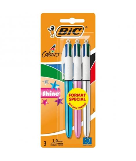 Bic 4 Colours Shine Pack de 3 Boligrafos de Bola Retractil - Punta de 1mm - Trazo de 0.4mm - Tinta con Base de Aceite - Cuerpo O