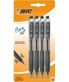Bic Bu3 Pack de 4 Boligrafos Retractiles - Punta Media de 1mm - Trazo 0.32mm - Grip de Goma - Escritura mas Fluida - Color Negro