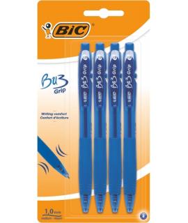 Bic Bu3 Pack de 4 Boligrafos Retractiles - Punta Media de 1mm - Trazo 0.32mm - Grip de Goma - Escritura mas Fluida - Color Azul