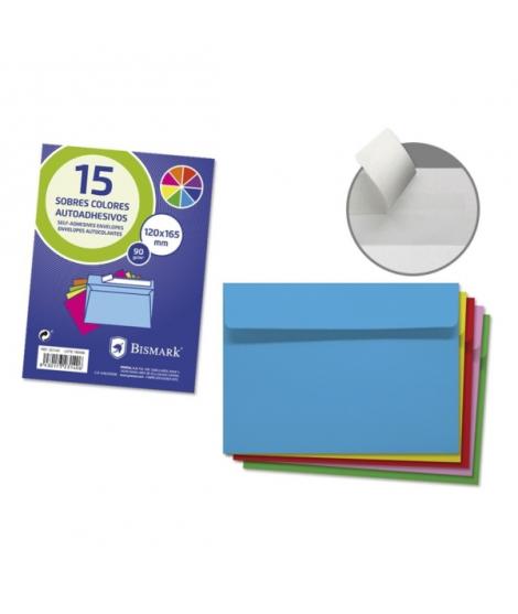Bismark Pack de 15 Sobres de Papel 90gr - Medidas 120x165mm - Cierre Autoadhesivo - Colores Surtidos