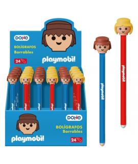 Dohe Playmobil Expositor de 24 Boligrafos Borrables - Punta Bola Metalica 1mm - Trazo 0.5mm - Capuchon Decorado con Muñecos Play