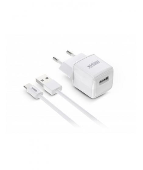 Urban Factory Powee Cargador de Pared USB-A 2.4 A/12W - Cable USB-A a USB-C de 1m - Color Blanco