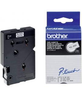 Brother TC201 Cinta Laminada Original para Rotuladora - Texto Negro sobre Fondo Blanco - Ancho 12mm x 7 metros
