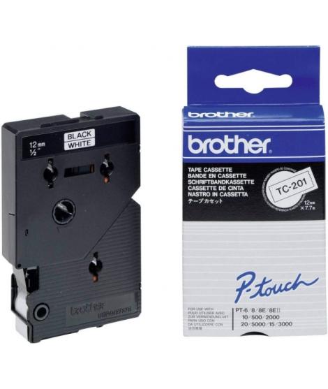 Brother TC201 Cinta Laminada Original para Rotuladora - Texto Negro sobre Fondo Blanco - Ancho 12mm x 7 metros