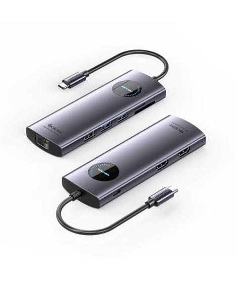 Vention Docking Station 9 en 1 USB-C a 2xHDMI/2xUSB3.0/USB 2.0/RJ45/SD/TF/PD 100W - 0.15m - Color Gris