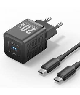 Vention Cargador de Pared GaN USB-C 20W - Cable USB-C 1m - Color Negro