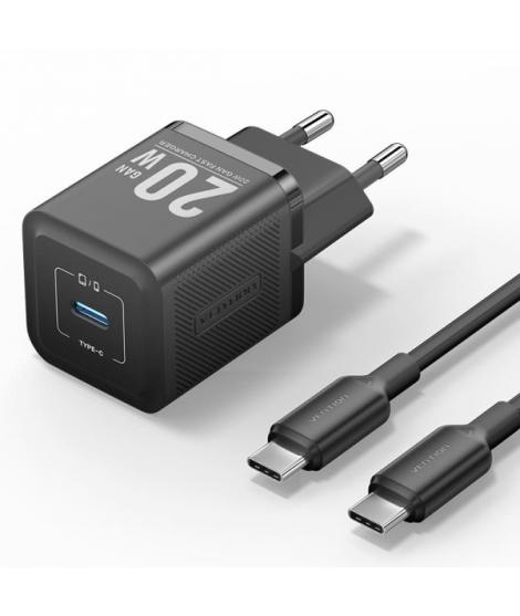 Vention Cargador de Pared GaN USB-C 20W - Cable USB-C 1m - Color Negro