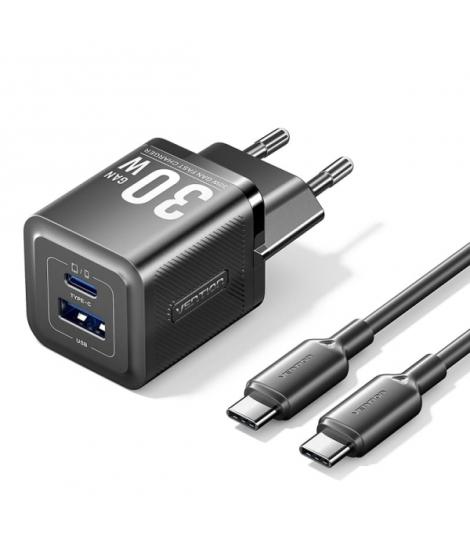 Vention Cargador de Pared GaN USB-C 30W - Cable USB-C 1m - Color Negro