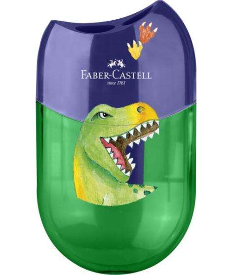 Faber-Castell Dinosaurio Sacapuntas de 2 Orificios con Deposito - Diseño Atractivo de Dinosaurio - Color Verde/Azul