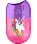 Faber-Castell Unicornio Sacapuntas de 2 Orificios con Deposito - Diseño Atractivo de Unicornio - Color Rosa/Violeta