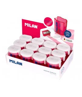 Milan Nata® 624 Expositor de 12 Sacapuntas con Deposito - Cuchilla de Acero - Color Blanco/Rosa