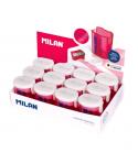 Milan Nata® 624 Expositor de 12 Sacapuntas con Deposito - Cuchilla de Acero - Color Blanco/Rosa