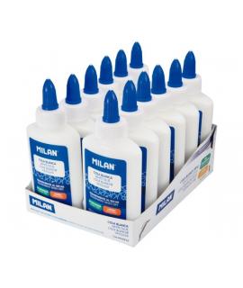 Milan Expositor con 12 Botes de Cola Blanca 100gr - Lavable y sin Disolventes - Ideal para Uso Escolar y Manualidades - Transpar