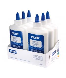 Milan Expositor con 6 Botes de Cola Blanca 250gr - Lavable y sin Disolventes - Ideal para Uso Escolar y Manualidades - Transpare