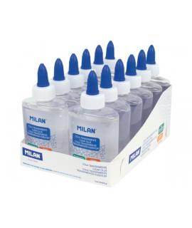 Milan Expositor con 12 Botes de Cola Transparente 118gr - Lavable y sin Disolventes - Ideal para Uso Escolar y Manualidades