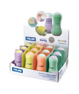 Milan Sway Pastel Expositor de 12 Afilaborras con Goma de Borrar - Sacapuntas Con Deposito y Cuchilla de Seguridad - Colores Sur