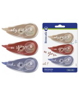Bismark Be You Pack de 3 Cintas Correctoras 5mmx6m - Perfecta Adherencia al Papel - Presentacion en Blister - Cuerpo de Suaves C