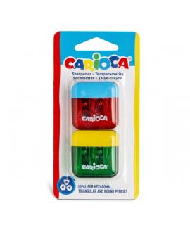 Carioca Pack de 2 Minisacapuntas de 2 Orificios con Deposito - Tapon de Seguridad en la Cuchilla - Colores Aleatorios Surtidos
