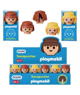 Dohe Playmobil Expositor de 24 Sacapuntas - 1 Orificio y Cuchilla de Acero - Con Forma de los Muñecos Playmobil