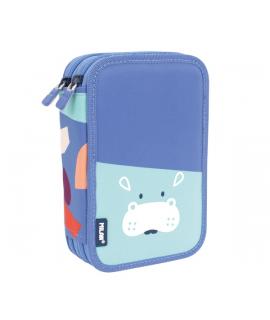 Milan Fun Animals Plumier de 2 Pisos con 2 Gomas de Borrar, Sacapuntas, Lapiz, Boligrafo Capsule, Regla, 12 Lapices de Colores y