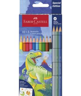 Faber-Castell Edicion Dinosaurios Pack de 13 Lapices de Colores Hexagonales - 10 Colores Clasicos + 3 Colores Metalizados - Incl