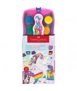 Faber-Castell Connector Unicornio Pack de 12 Acuarelas en Pastilla + Pintura Blanca Opaca + Pegatinas - Gran Opacidad - Facilmen