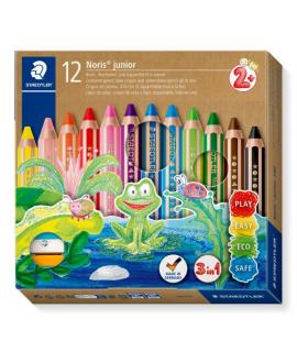 Staedtler Noris Junior Pack de 12 Lapices de Colores Extragruesos + Sacapuntas - 3 en 1, Lapiz, Cera y Acuarelable - Colores Sur