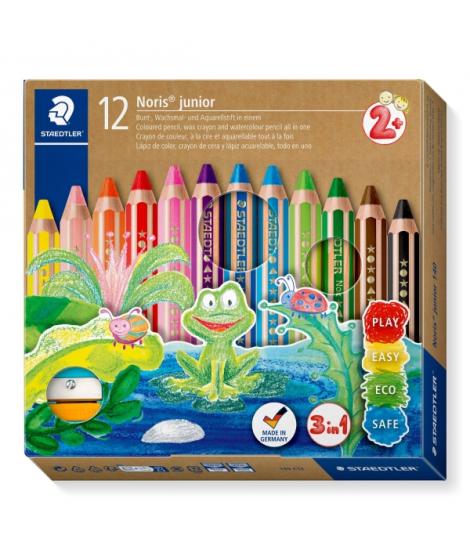 Staedtler Noris Junior Pack de 12 Lapices de Colores Extragruesos + Sacapuntas - 3 en 1, Lapiz, Cera y Acuarelable - Colores Sur