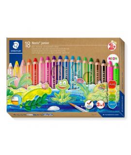 Staedtler Noris Junior Pack de 18 Lapices de Colores Extragruesos + Sacapuntas + Pincel - 3 en 1, Lapiz, Cera y Acuarelable - Co